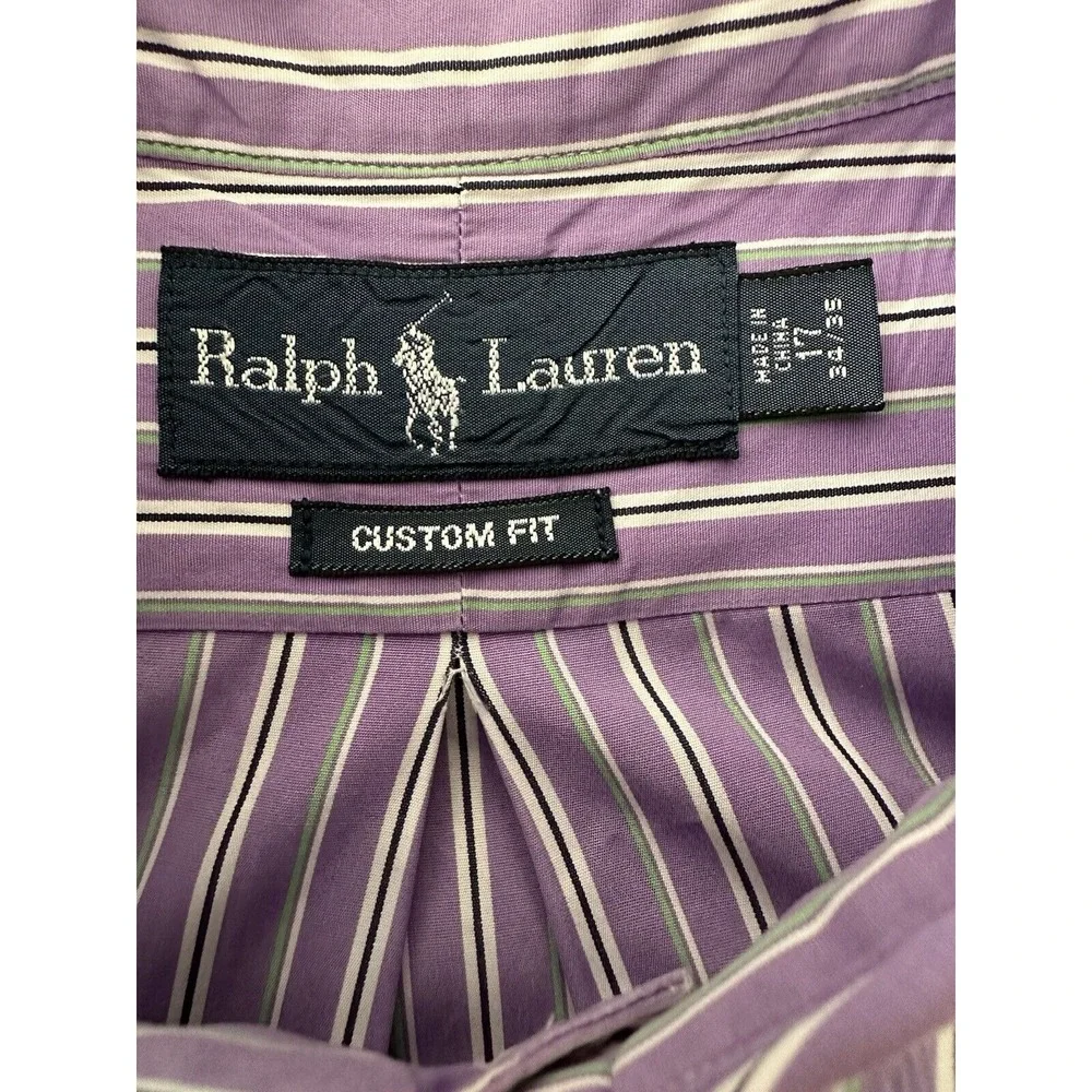 Polo Ralph Lauren Men Shirt Purple Stripe Custom Fit LS Green Pony 17 34/35 XL‎